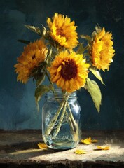 A still life of three vibrant sunflowers in a clear glass jar, set on a rustic wooden surface against a moody blue backdrop, illuminated by a soft light source