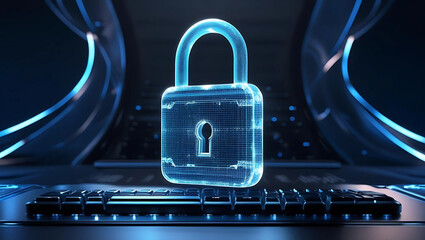 Cybersecurity Lock Above Laptop, Digital Protection Padlock in Dark Tech Style, Online Safety Icon Over Keyboard, generative ai