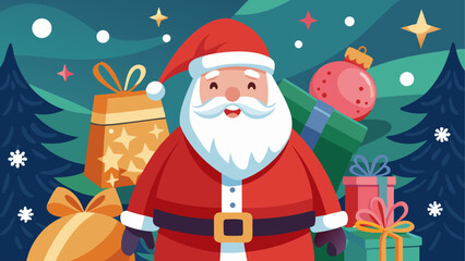 Santa Claus surrounded by wrapped gifts, snowy trees and stars in a joyful winter holiday cartoon scene