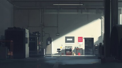 Industrial interior, sunlit workspace