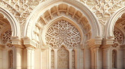 Ceremonial gateway with traditional Islamic architectural details, ornate kaleidoscopic patterns, interweaving geometric designs, elegant floral arabesque motifs, pearl luminescent finish, subtle