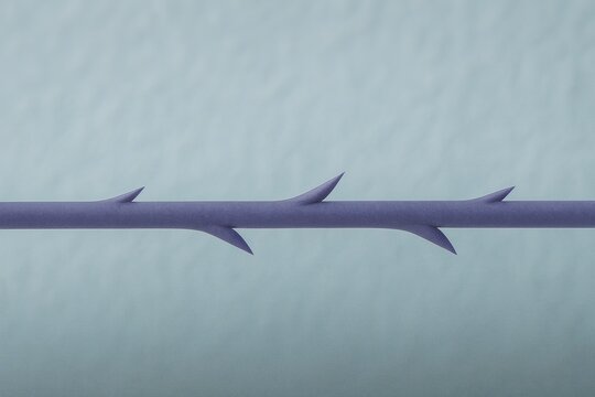 Detailed macro of purple polydioxanone PDO thread with sharp barbs on soft blue background, designed for aesthetic non-surgical skin lifting, contouring and anti-aging cosmetic treatments.
