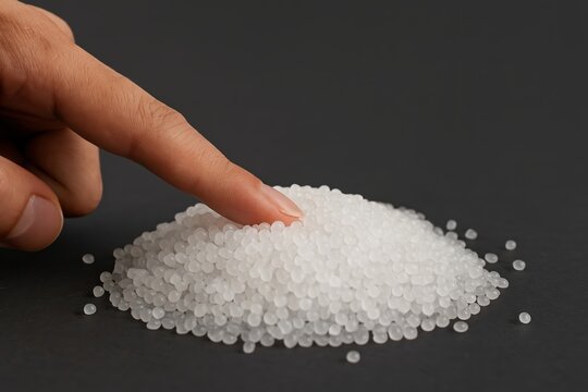 Finger touching pile of white PLA plastic granules on dark background, close-up of biodegradable polymer texture used in eco-friendly 3D printing and sustainable manufacturing.
