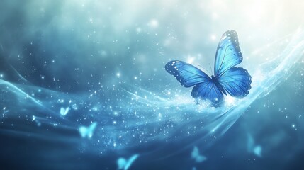 Ethereal blue banner flowing across image with gaseous texture and glittering sparkles, single detailed butterfly with open wings positioned in right corner, illuminated by soft white light,