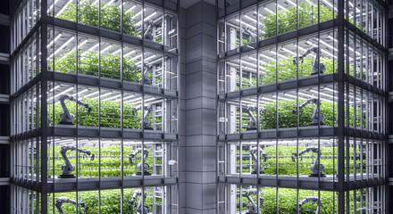 Obraz premium Automated Vertical Farming Revolutionizing Agriculture with Robotics and Technology