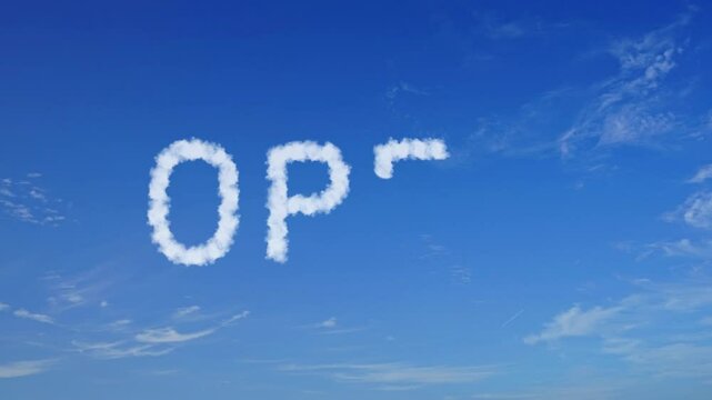 animated video of OPEN cloud text on bright blue sky, 4K animation