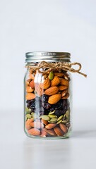 Healthy Trail Mix Stored in a Glass Jar with a Twine Tie