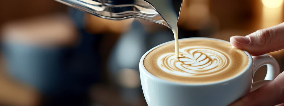 Warm and Inviting Close-Up of Skilled Barista Creating Beautiful Latte Art in a Cozy Coffee Shop Setting
