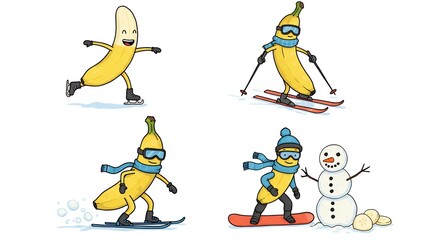Fototapeta premium Cartoon banana characters engaging in winter activities