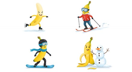 Fototapeta premium Cartoon bananas enjoying winter sports