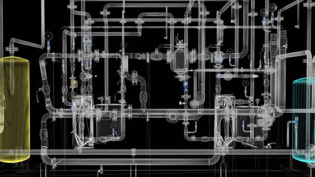 Industrial Boiler Room &ndash; Large-Scale 3D Rendering of Mechanical Equipment and Piping System