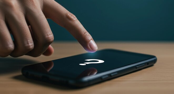 Finger touching glowing question mark on smartphone screen