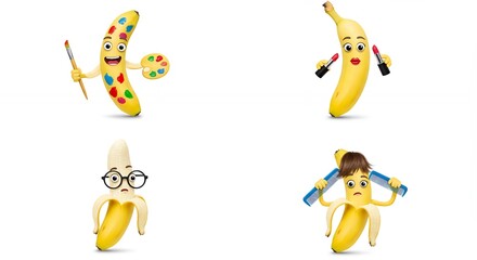 Obraz premium Funny banana characters engaging in artistic and makeup activities