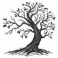 Gnarled ancient tree black silhouette with leaves vector