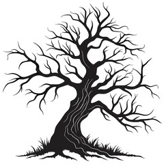 Gnarled black tree silhouette with white highlights