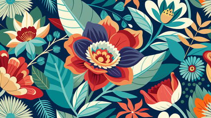 Fototapeta premium Vibrant and colorful floral pattern with exotic flowers and leaves on a dark background