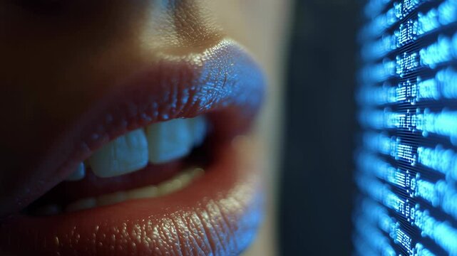 Focused woman developer, mouth illuminated by blue code on screen, crafting an inclusive user experience with technology