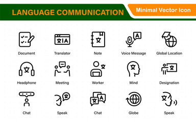 Language web icon set in line style. Language translation, linguistics, speaking, dictionary, listening skills, writing, translate, collection.