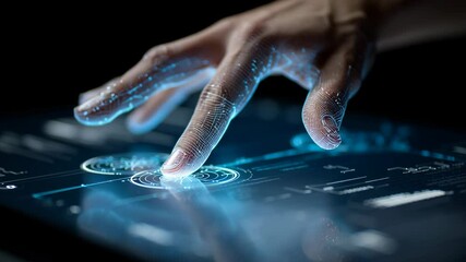 Focused hand and finger touch on glowing futuristic interface, creating an interactive, inclusive user experience