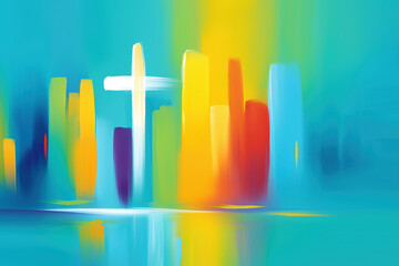 Abstract painting of a white Christian cross over a vibrant, colorful cityscape. A modern illustration of the New Jerusalem, faith, and hope, with painterly brushstrokes.