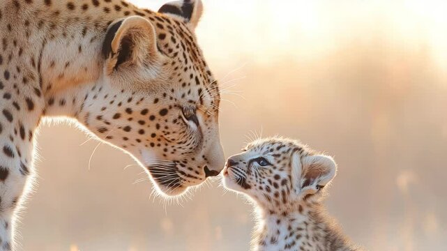 A tender moment captures a mother leopard and cub engaging in an intimate nose-to-nose connection. A symbol of unconditional love and primal instincts is revealed.