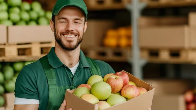 Smiling employee holding box filled fresh apples with warehouse backdrop.