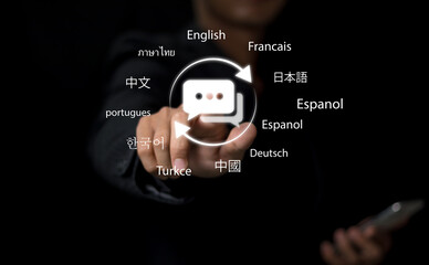 Businessman touching to virtual translation or translate on the mobile app worldwide language...