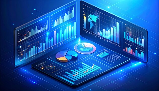 Market analysis and business strategy. Financial and statistical data dashboard.Analyst magnifying graphs and charts.