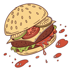 Juicy burger with dripping sauce sandwich food