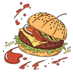 Juicy burger with ketchup splashes hamburger food