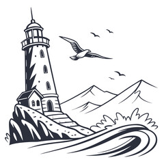 Lighthouse Seagull Mountains Waves vector