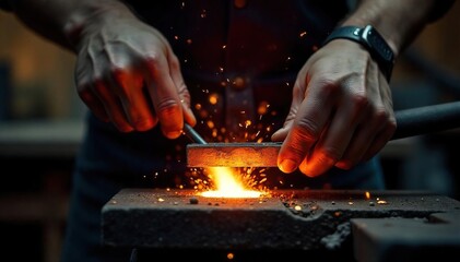 Skilled Metalworker Shaping Molten Metal on Forge, Sparks Fly, Intense Heat, Craftsmanship, Manual Labor