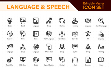 Language web icon set in line style. Language translation, linguistics, speaking, dictionary, listening skills, writing, translate, collection.