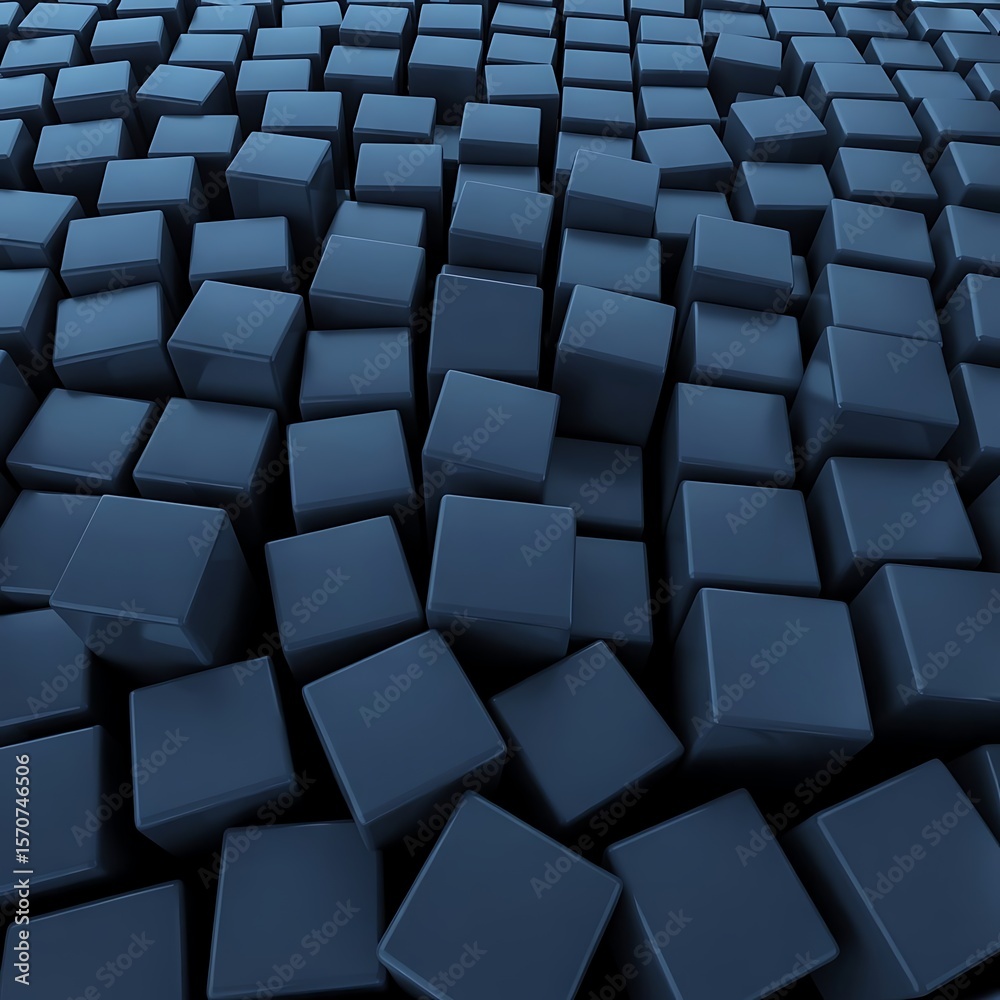 Fototapete Abstract geometric arrangement with a multitude of dark blue 3D cubes scattered across the space, creating a dynamic and visually engaging pattern with smooth surfaces, sharp edges, and depth