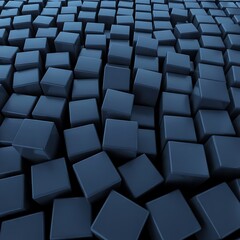 Obraz premium Abstract geometric arrangement with a multitude of dark blue 3D cubes scattered across the space, creating a dynamic and visually engaging pattern with smooth surfaces, sharp edges, and depth