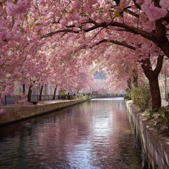 A tranquil canal scene, framed by blossoming pink cherry trees arching over the waterway, reflecting in the calm water.  Buildings and people are subtly visible in the distance