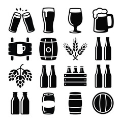 Fototapeta premium Sixteen Black and White Beer Icons Collection Featuring Beer Bottles Glasses Barrels Hops Wheat and Cans A Set of Simple Glyph Style Illustrations for Brewery Pub or Beer Related Designs