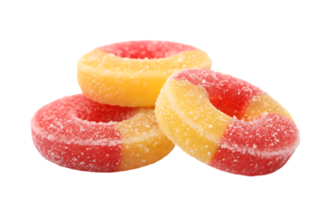 Peach ring gummy candy stack on transparent background