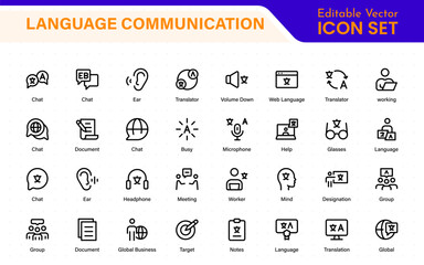 Language web icon set in line style. Language translation, linguistics, speaking, dictionary, listening skills, writing, translate, collection.