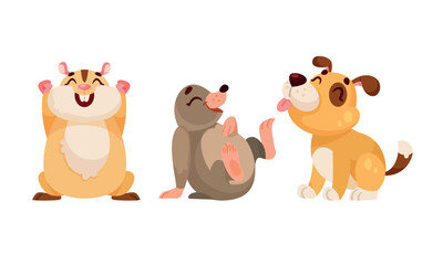 A collection of cute cartoon animals a joyful hamster, cheerful mole, and happy dog
