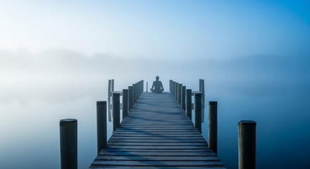 Fototapeta premium Serene scene of a person meditating on a wooden pier extending into misty water, creating a peaceful atmosphere and sense of calm.