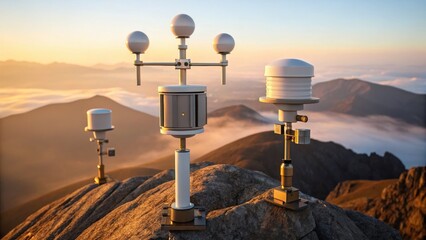 Meteorology Weather stations on a mountain peak with scenic, misty views and dramatic lighting at sunrise.