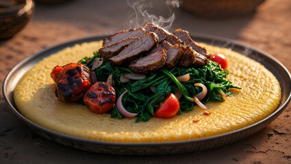 Kenyan ugali with sukuma and grilled meat.