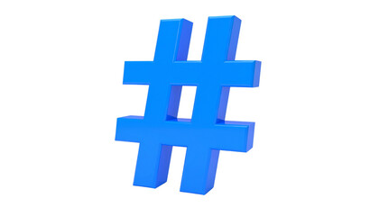 Obraz premium Glossy blue hashtag symbol isolated on solid white background Png form