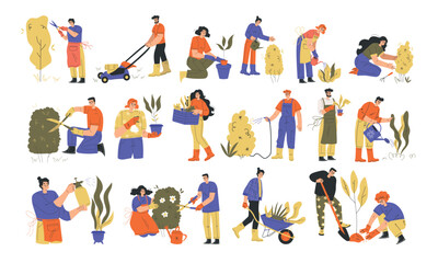 A group of diverse gardeners actively engaging in a variety of planting and gardening activities