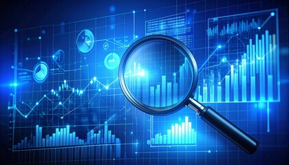 Market analysis and business strategy. Financial and statistical data dashboard.Analyst magnifying graphs and charts.