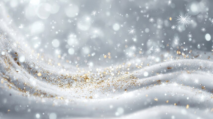 Elegant White and Gold Winter Background with Sparkling Snow and Bokeh Lights for Festive Cards and Invitations