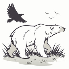 Polar bear walking through grass with bird flying vector