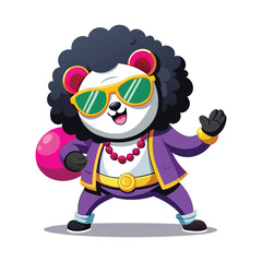 Dancing Panda Vector Illustration with Oversized Sunglasses and Afro Wig in Disco Pose for Fun Party Designs.