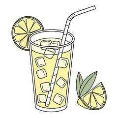 Refreshing lemonade with ice and lemon slices drink